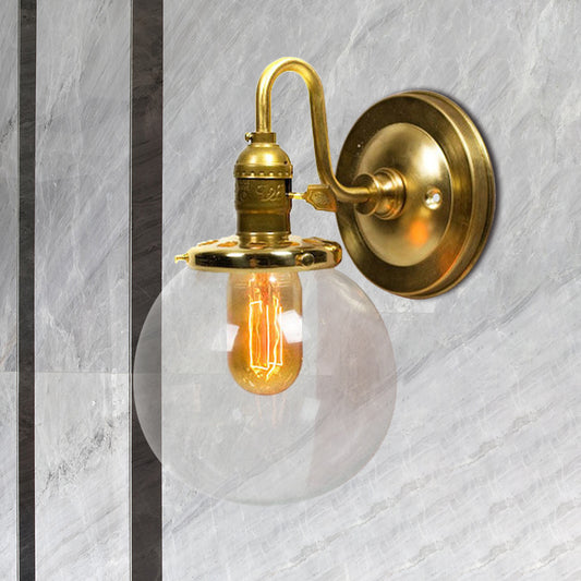 Brass Round Wall Lighting Industrial Clear Glass 1 Light Dining Room Sconce Light Fixture Clear Clearhalo 'Cast Iron' 'Glass' 'Industrial' 'Modern wall lights' 'Modern' 'Tiffany' 'Traditional wall lights' 'Wall Lamps & Sconces' 'Wall Lights' Lighting' 768611