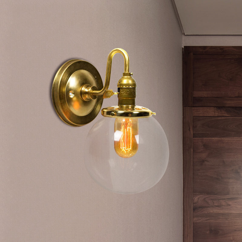 Brass Round Wall Lighting Industrial Clear Glass 1 Light Dining Room Sconce Light Fixture Clearhalo 'Cast Iron' 'Glass' 'Industrial' 'Modern wall lights' 'Modern' 'Tiffany' 'Traditional wall lights' 'Wall Lamps & Sconces' 'Wall Lights' Lighting' 768612