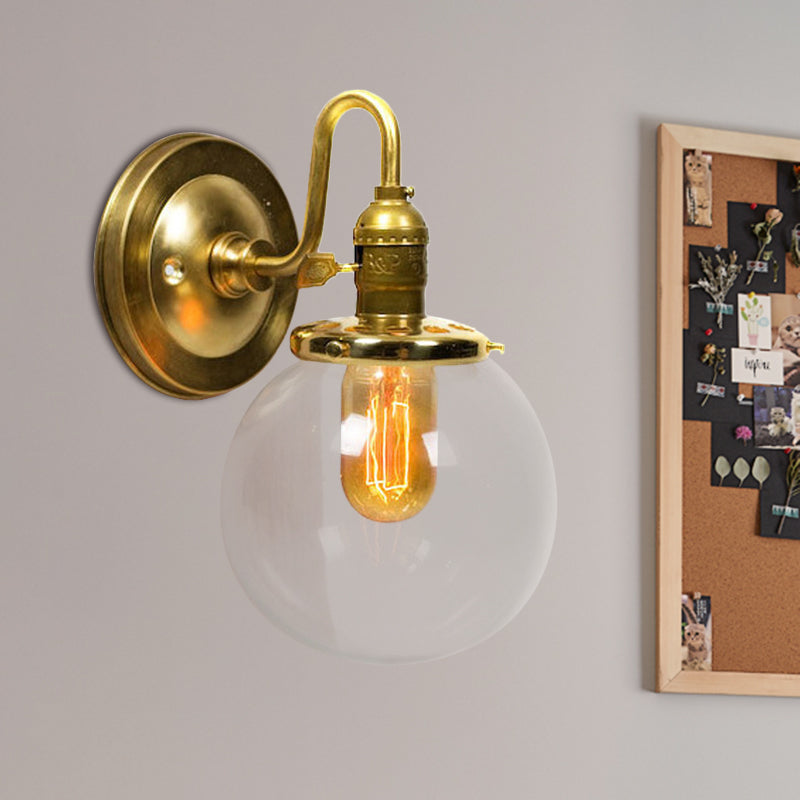 Brass Round Wall Lighting Industrial Clear Glass 1 Light Dining Room Sconce Light Fixture Clearhalo 'Cast Iron' 'Glass' 'Industrial' 'Modern wall lights' 'Modern' 'Tiffany' 'Traditional wall lights' 'Wall Lamps & Sconces' 'Wall Lights' Lighting' 768613