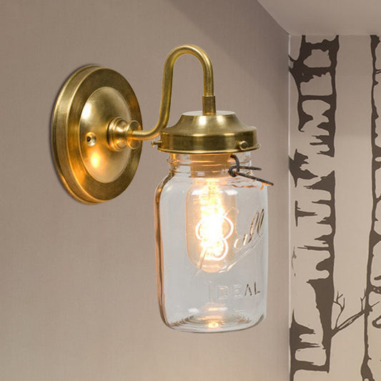Clear Glass Jar Shade Wall Sconce Industrial 1 Light Corridor Lighting Fixture in Brass with Letter Clear Clearhalo 'Cast Iron' 'Glass' 'Industrial' 'Modern wall lights' 'Modern' 'Tiffany' 'Traditional wall lights' 'Wall Lamps & Sconces' 'Wall Lights' Lighting' 768616