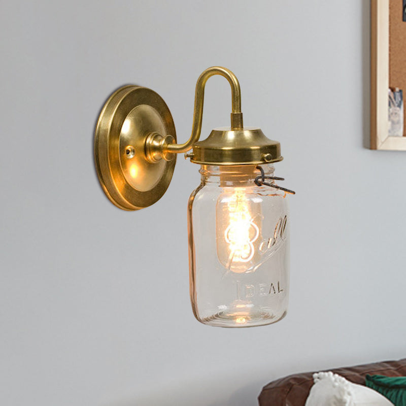 Clear Glass Jar Shade Wall Sconce Industrial 1 Light Corridor Lighting Fixture in Brass with Letter Clearhalo 'Cast Iron' 'Glass' 'Industrial' 'Modern wall lights' 'Modern' 'Tiffany' 'Traditional wall lights' 'Wall Lamps & Sconces' 'Wall Lights' Lighting' 768618