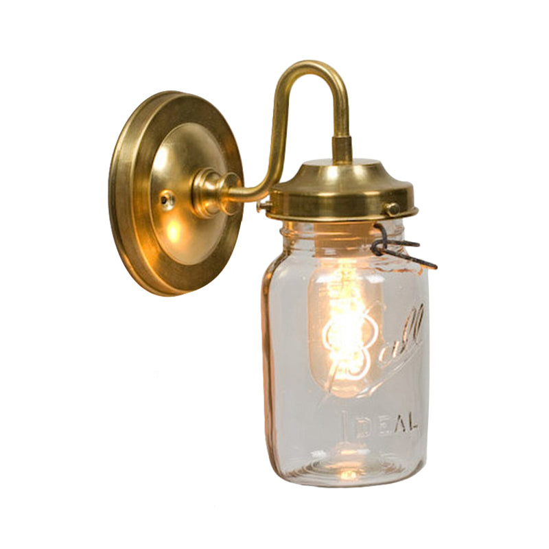 Clear Glass Jar Shade Wall Sconce Industrial 1 Light Corridor Lighting Fixture in Brass with Letter Clearhalo 'Cast Iron' 'Glass' 'Industrial' 'Modern wall lights' 'Modern' 'Tiffany' 'Traditional wall lights' 'Wall Lamps & Sconces' 'Wall Lights' Lighting' 768619