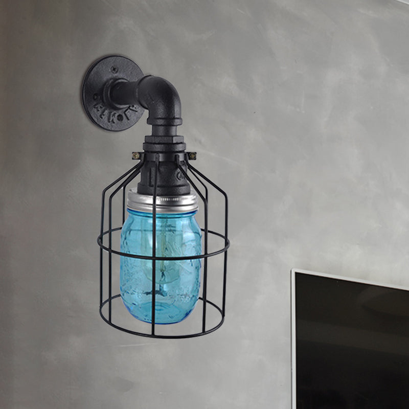 Blue/Clear Jar Shade Wall Lamp with Wire Cage Industrial Style Glass 1 Bulb Restaurant Sconce Light Clearhalo 'Art deco wall lights' 'Cast Iron' 'Glass' 'Industrial wall lights' 'Industrial' 'Middle century wall lights' 'Modern' 'Rustic wall lights' 'Tiffany' 'Traditional wall lights' 'Wall Lamps & Sconces' 'Wall Lights' Lighting' 768628