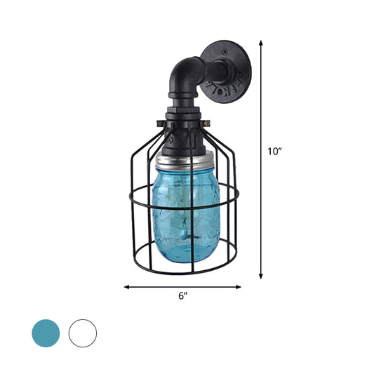 Blue/Clear Jar Shade Wall Lamp with Wire Cage Industrial Style Glass 1 Bulb Restaurant Sconce Light Clearhalo 'Art deco wall lights' 'Cast Iron' 'Glass' 'Industrial wall lights' 'Industrial' 'Middle century wall lights' 'Modern' 'Rustic wall lights' 'Tiffany' 'Traditional wall lights' 'Wall Lamps & Sconces' 'Wall Lights' Lighting' 768630