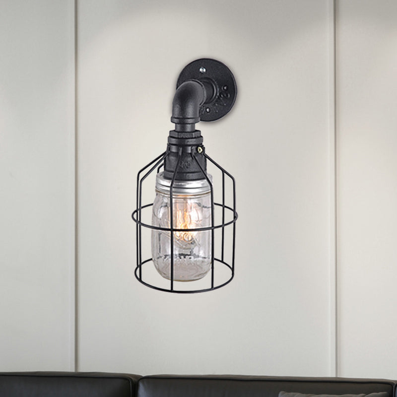 Blue/Clear Jar Shade Wall Lamp with Wire Cage Industrial Style Glass 1 Bulb Restaurant Sconce Light Clearhalo 'Art deco wall lights' 'Cast Iron' 'Glass' 'Industrial wall lights' 'Industrial' 'Middle century wall lights' 'Modern' 'Rustic wall lights' 'Tiffany' 'Traditional wall lights' 'Wall Lamps & Sconces' 'Wall Lights' Lighting' 768632