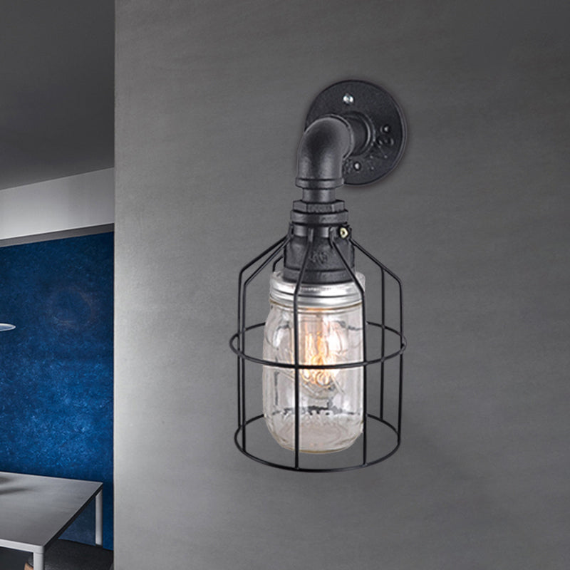 Blue/Clear Jar Shade Wall Lamp with Wire Cage Industrial Style Glass 1 Bulb Restaurant Sconce Light Clearhalo 'Art deco wall lights' 'Cast Iron' 'Glass' 'Industrial wall lights' 'Industrial' 'Middle century wall lights' 'Modern' 'Rustic wall lights' 'Tiffany' 'Traditional wall lights' 'Wall Lamps & Sconces' 'Wall Lights' Lighting' 768633