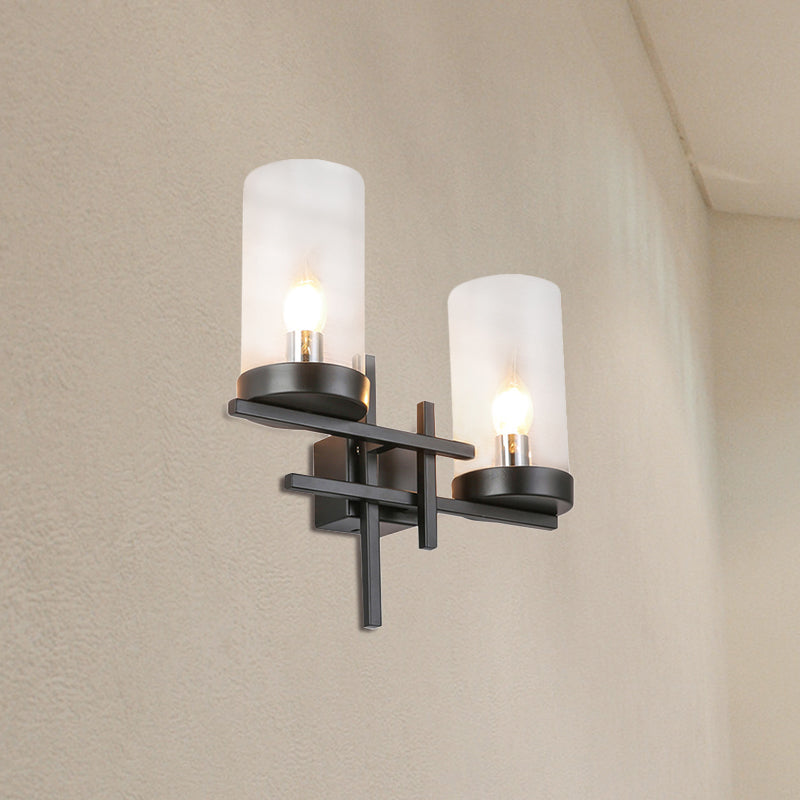 Black 2-Light Sconce Light Vintage Clear Glass Cylinder Lighting Fixture for Corridor Clearhalo 'Cast Iron' 'Glass' 'Industrial' 'Modern wall lights' 'Modern' 'Tiffany' 'Traditional wall lights' 'Wall Lamps & Sconces' 'Wall Lights' Lighting' 768679