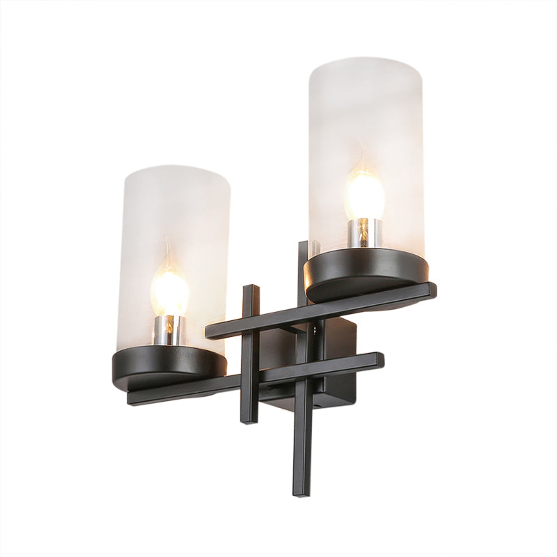 Black 2-Light Sconce Light Vintage Clear Glass Cylinder Lighting Fixture for Corridor Clearhalo 'Cast Iron' 'Glass' 'Industrial' 'Modern wall lights' 'Modern' 'Tiffany' 'Traditional wall lights' 'Wall Lamps & Sconces' 'Wall Lights' Lighting' 768681