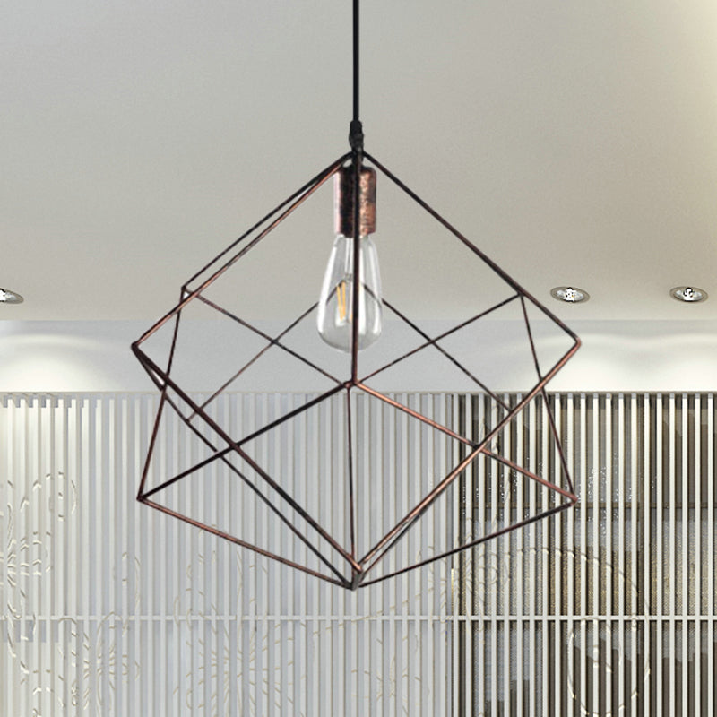 Industrial Polyhedron Pendant Lamp 1 Head Metallic Hanging Ceiling Light in Dark Rust/Aged Silver for Restaurant Rust Clearhalo 'Art Deco Pendants' 'Cast Iron' 'Ceiling Lights' 'Ceramic' 'Crystal' 'Industrial Pendants' 'Industrial' 'Metal' 'Middle Century Pendants' 'Pendant Lights' 'Pendants' 'Tiffany' Lighting' 768683