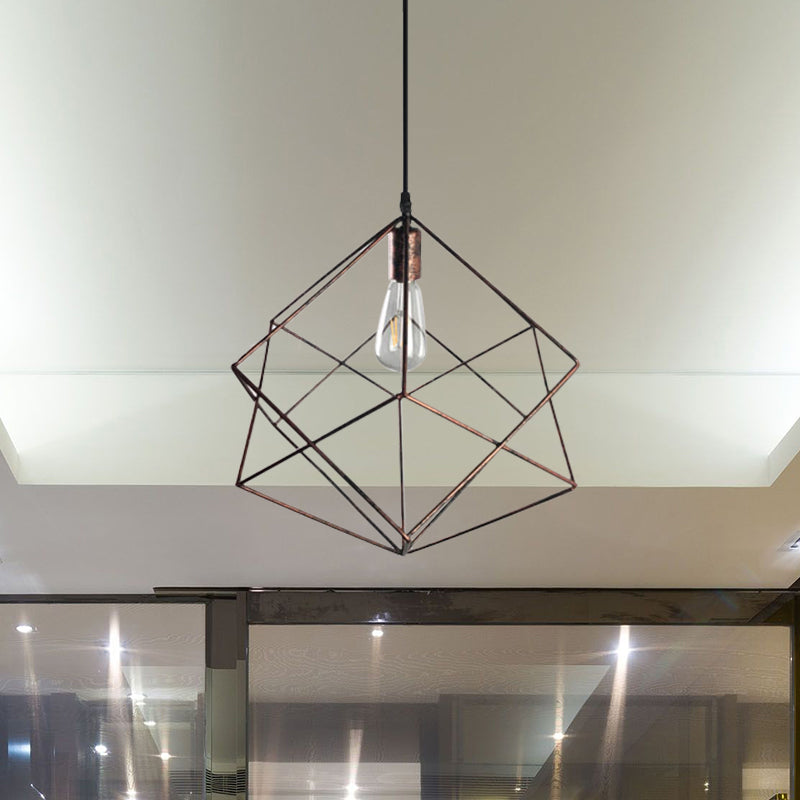 Industrial Polyhedron Pendant Lamp 1 Head Metallic Hanging Ceiling Light in Dark Rust/Aged Silver for Restaurant Clearhalo 'Art Deco Pendants' 'Cast Iron' 'Ceiling Lights' 'Ceramic' 'Crystal' 'Industrial Pendants' 'Industrial' 'Metal' 'Middle Century Pendants' 'Pendant Lights' 'Pendants' 'Tiffany' Lighting' 768684