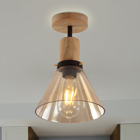 Single Bulb Semi Flush Mount Industrial Cone Amber Glass Ceiling Light in Wood for Foyer Amber Clearhalo 'Ceiling Lights' 'Close To Ceiling Lights' 'Close to ceiling' 'Glass shade' 'Glass' 'Semi-flushmount' Lighting' 768723