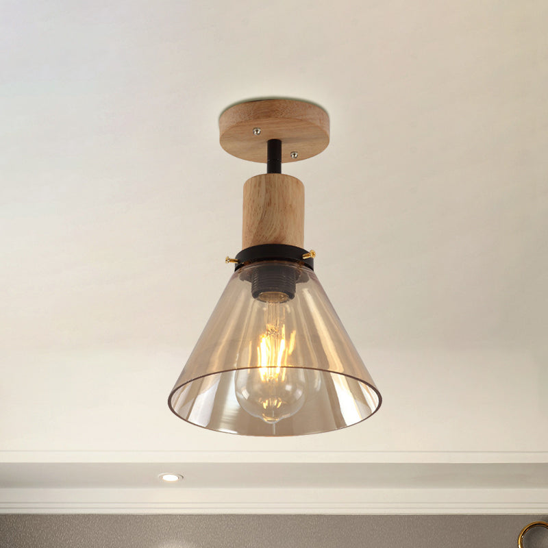 Single Bulb Semi Flush Mount Industrial Cone Amber Glass Ceiling Light in Wood for Foyer Clearhalo 'Ceiling Lights' 'Close To Ceiling Lights' 'Close to ceiling' 'Glass shade' 'Glass' 'Semi-flushmount' Lighting' 768724