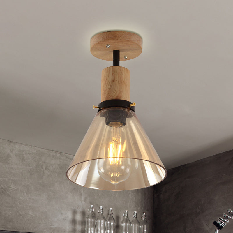 Single Bulb Semi Flush Mount Industrial Cone Amber Glass Ceiling Light in Wood for Foyer Clearhalo 'Ceiling Lights' 'Close To Ceiling Lights' 'Close to ceiling' 'Glass shade' 'Glass' 'Semi-flushmount' Lighting' 768725