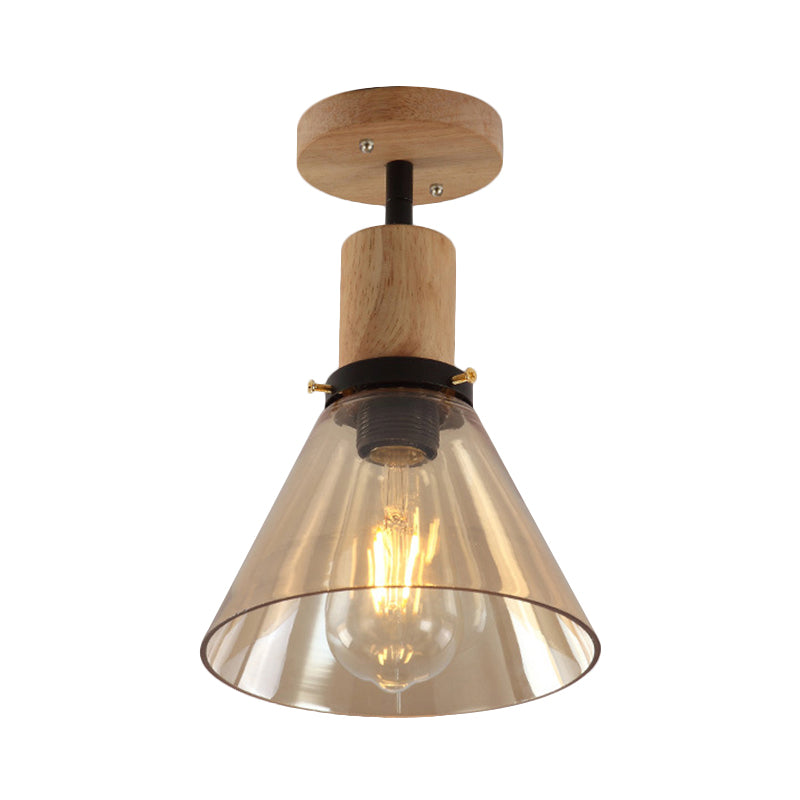 Single Bulb Semi Flush Mount Industrial Cone Amber Glass Ceiling Light in Wood for Foyer Clearhalo 'Ceiling Lights' 'Close To Ceiling Lights' 'Close to ceiling' 'Glass shade' 'Glass' 'Semi-flushmount' Lighting' 768726