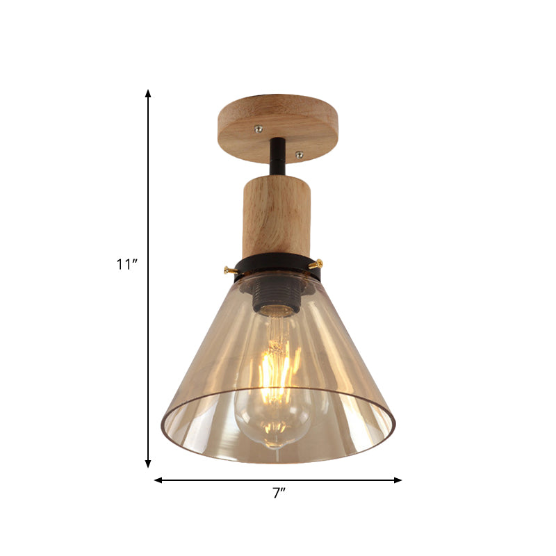 Single Bulb Semi Flush Mount Industrial Cone Amber Glass Ceiling Light in Wood for Foyer Clearhalo 'Ceiling Lights' 'Close To Ceiling Lights' 'Close to ceiling' 'Glass shade' 'Glass' 'Semi-flushmount' Lighting' 768727