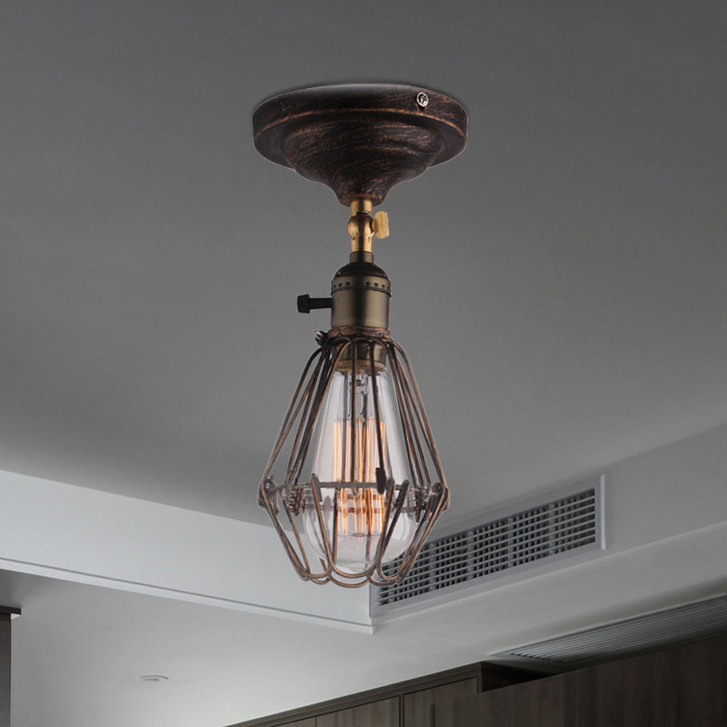 Wrought Iron Caged Semi Flush Light Farmhouse Stylish 1 Light Bedroom Ceiling Light Fixture in Rust/Aged Silver Clearhalo 'Ceiling Lights' 'Close To Ceiling Lights' 'Close to ceiling' 'Semi-flushmount' Lighting' 768730