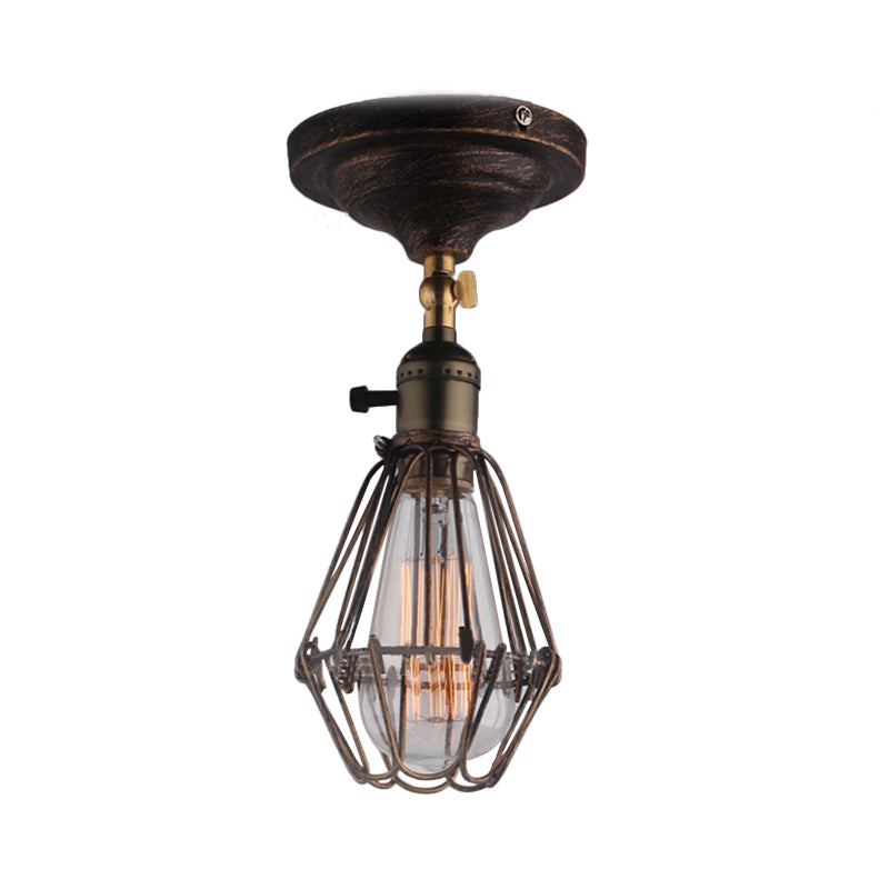 Wrought Iron Caged Semi Flush Light Farmhouse Stylish 1 Light Bedroom Ceiling Light Fixture in Rust/Aged Silver Clearhalo 'Ceiling Lights' 'Close To Ceiling Lights' 'Close to ceiling' 'Semi-flushmount' Lighting' 768731