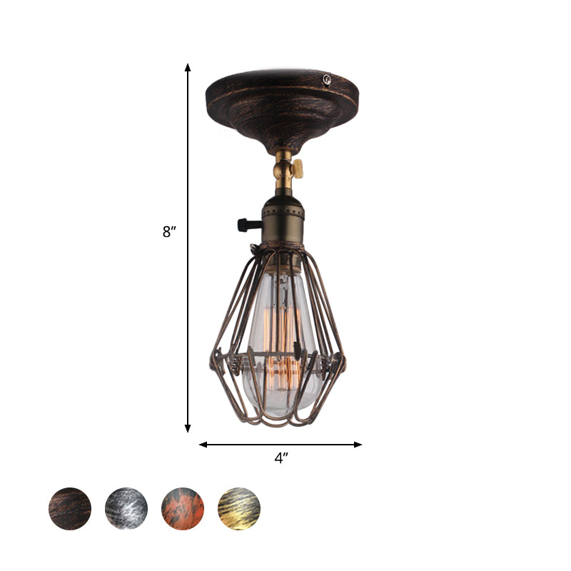 Wrought Iron Caged Semi Flush Light Farmhouse Stylish 1 Light Bedroom Ceiling Light Fixture in Rust/Aged Silver Clearhalo 'Ceiling Lights' 'Close To Ceiling Lights' 'Close to ceiling' 'Semi-flushmount' Lighting' 768732