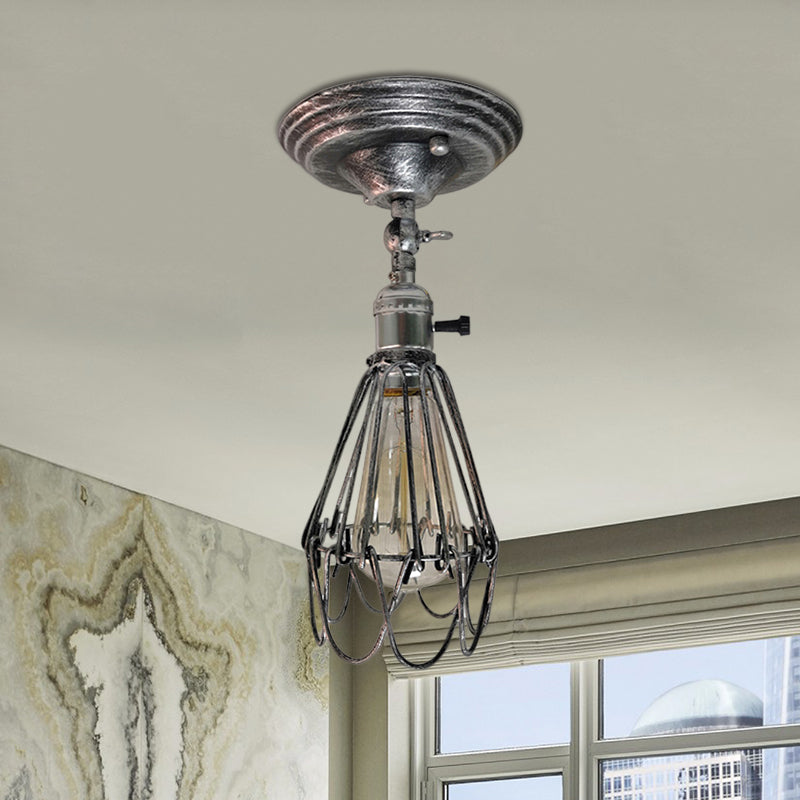 Wrought Iron Caged Semi Flush Light Farmhouse Stylish 1 Light Bedroom Ceiling Light Fixture in Rust/Aged Silver Clearhalo 'Ceiling Lights' 'Close To Ceiling Lights' 'Close to ceiling' 'Semi-flushmount' Lighting' 768735