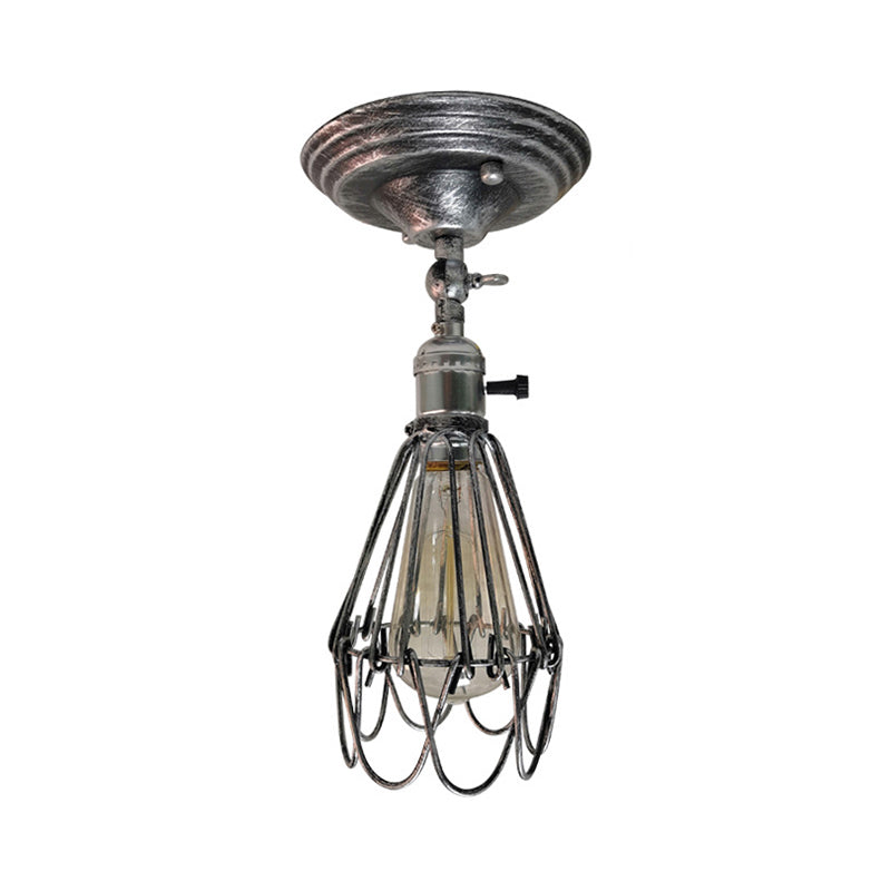 Wrought Iron Caged Semi Flush Light Farmhouse Stylish 1 Light Bedroom Ceiling Light Fixture in Rust/Aged Silver Clearhalo 'Ceiling Lights' 'Close To Ceiling Lights' 'Close to ceiling' 'Semi-flushmount' Lighting' 768736