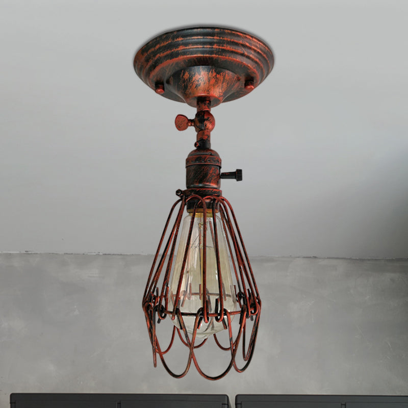 Wrought Iron Caged Semi Flush Light Farmhouse Stylish 1 Light Bedroom Ceiling Light Fixture in Rust/Aged Silver Weathered Copper Clearhalo 'Ceiling Lights' 'Close To Ceiling Lights' 'Close to ceiling' 'Semi-flushmount' Lighting' 768737