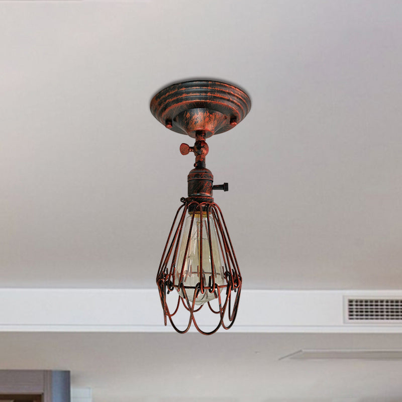 Wrought Iron Caged Semi Flush Light Farmhouse Stylish 1 Light Bedroom Ceiling Light Fixture in Rust/Aged Silver Clearhalo 'Ceiling Lights' 'Close To Ceiling Lights' 'Close to ceiling' 'Semi-flushmount' Lighting' 768738