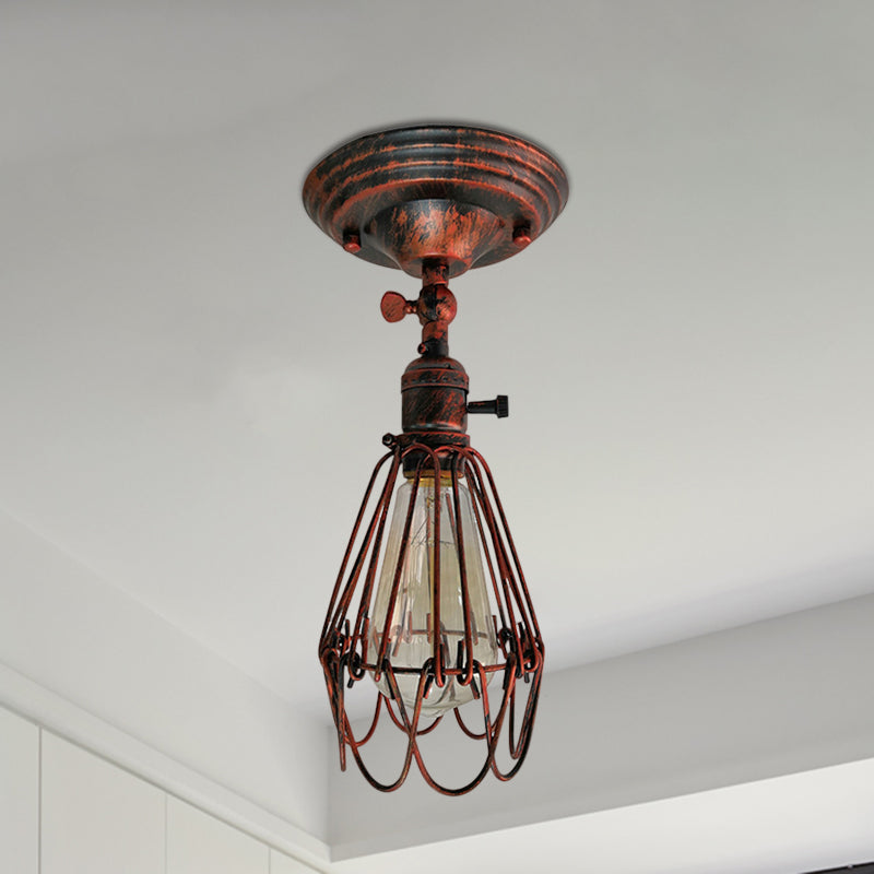 Wrought Iron Caged Semi Flush Light Farmhouse Stylish 1 Light Bedroom Ceiling Light Fixture in Rust/Aged Silver Clearhalo 'Ceiling Lights' 'Close To Ceiling Lights' 'Close to ceiling' 'Semi-flushmount' Lighting' 768739