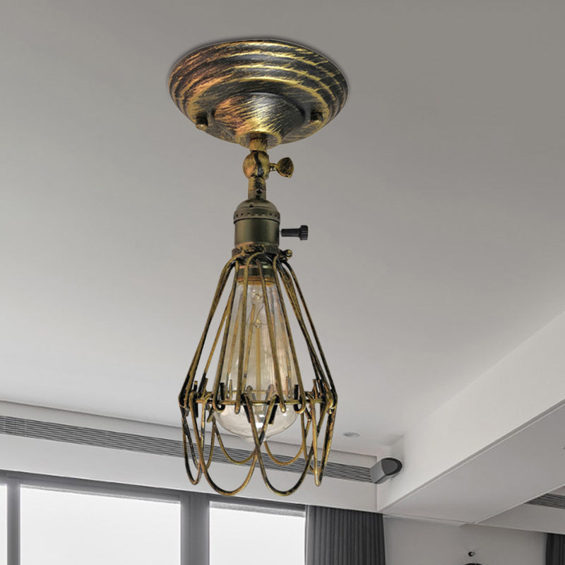 Wrought Iron Caged Semi Flush Light Farmhouse Stylish 1 Light Bedroom Ceiling Light Fixture in Rust/Aged Silver Antique Brass Clearhalo 'Ceiling Lights' 'Close To Ceiling Lights' 'Close to ceiling' 'Semi-flushmount' Lighting' 768741