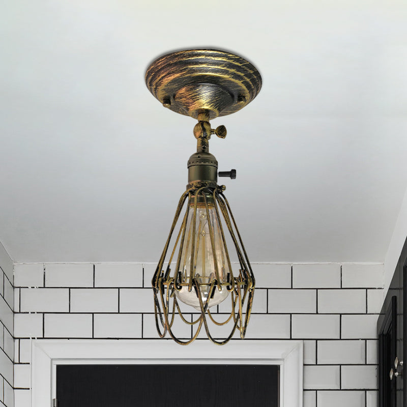 Wrought Iron Caged Semi Flush Light Farmhouse Stylish 1 Light Bedroom Ceiling Light Fixture in Rust/Aged Silver Clearhalo 'Ceiling Lights' 'Close To Ceiling Lights' 'Close to ceiling' 'Semi-flushmount' Lighting' 768743