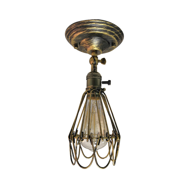 Wrought Iron Caged Semi Flush Light Farmhouse Stylish 1 Light Bedroom Ceiling Light Fixture in Rust/Aged Silver Clearhalo 'Ceiling Lights' 'Close To Ceiling Lights' 'Close to ceiling' 'Semi-flushmount' Lighting' 768744