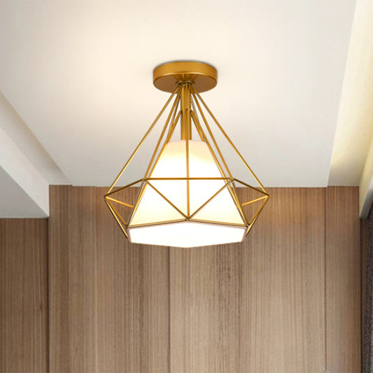 Gold Cage Diamond Semi Flush Pendant Light Vintage Industrial Metal 1 Light Bedroom Ceiling Light Fixture Gold Clearhalo 'Ceiling Lights' 'Close To Ceiling Lights' 'Close to ceiling' 'Semi-flushmount' Lighting' 768745