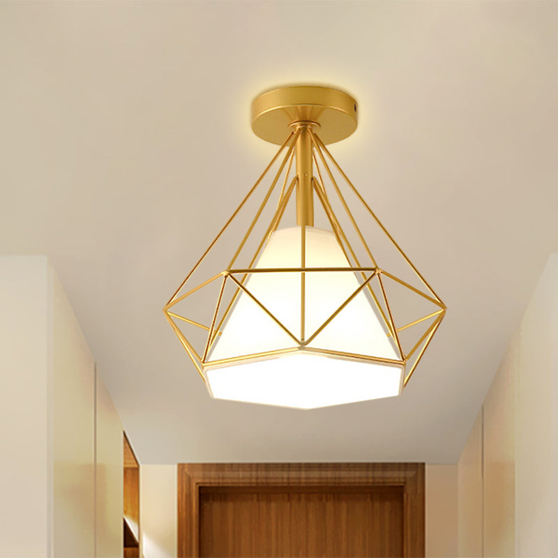 Gold Cage Diamond Semi Flush Pendant Light Vintage Industrial Metal 1 Light Bedroom Ceiling Light Fixture Clearhalo 'Ceiling Lights' 'Close To Ceiling Lights' 'Close to ceiling' 'Semi-flushmount' Lighting' 768747