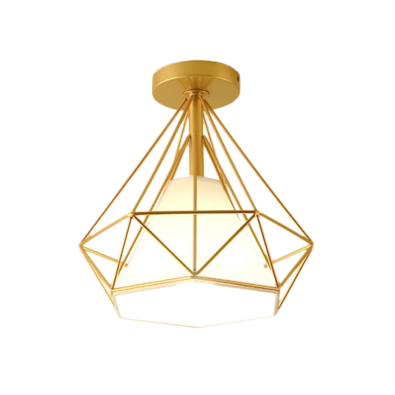 Gold Cage Diamond Semi Flush Pendant Light Vintage Industrial Metal 1 Light Bedroom Ceiling Light Fixture Clearhalo 'Ceiling Lights' 'Close To Ceiling Lights' 'Close to ceiling' 'Semi-flushmount' Lighting' 768748