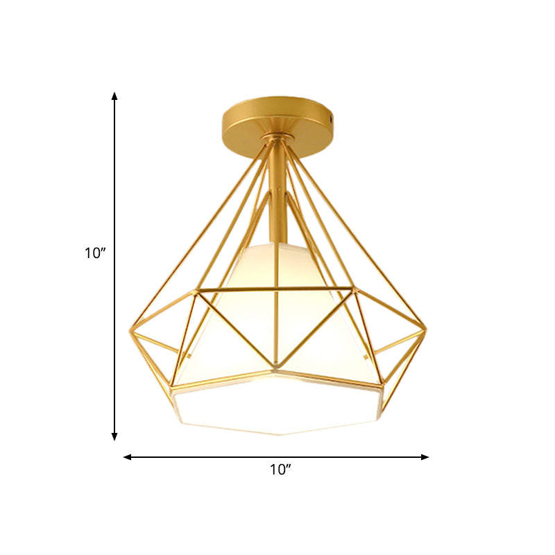 Gold Cage Diamond Semi Flush Pendant Light Vintage Industrial Metal 1 Light Bedroom Ceiling Light Fixture Clearhalo 'Ceiling Lights' 'Close To Ceiling Lights' 'Close to ceiling' 'Semi-flushmount' Lighting' 768749