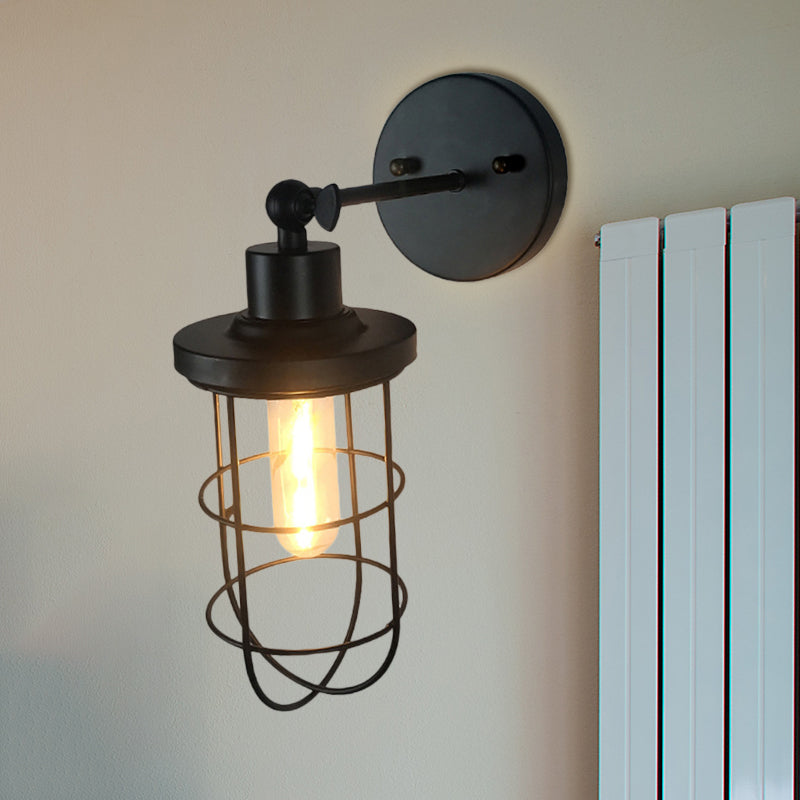 Retro Style Cylinder/Oval Caged Wall Mount Light 1 Head Metallic Mini Wall Lighting in Black for Bedside Clearhalo 'Art deco wall lights' 'Cast Iron' 'Glass' 'Industrial wall lights' 'Industrial' 'Middle century wall lights' 'Modern' 'Rustic wall lights' 'Tiffany' 'Traditional wall lights' 'Wall Lamps & Sconces' 'Wall Lights' Lighting' 768772