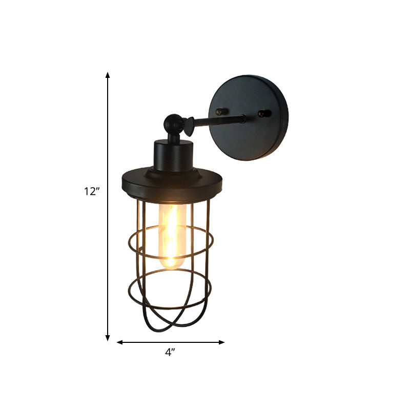 Retro Style Cylinder/Oval Caged Wall Mount Light 1 Head Metallic Mini Wall Lighting in Black for Bedside Clearhalo 'Art deco wall lights' 'Cast Iron' 'Glass' 'Industrial wall lights' 'Industrial' 'Middle century wall lights' 'Modern' 'Rustic wall lights' 'Tiffany' 'Traditional wall lights' 'Wall Lamps & Sconces' 'Wall Lights' Lighting' 768774