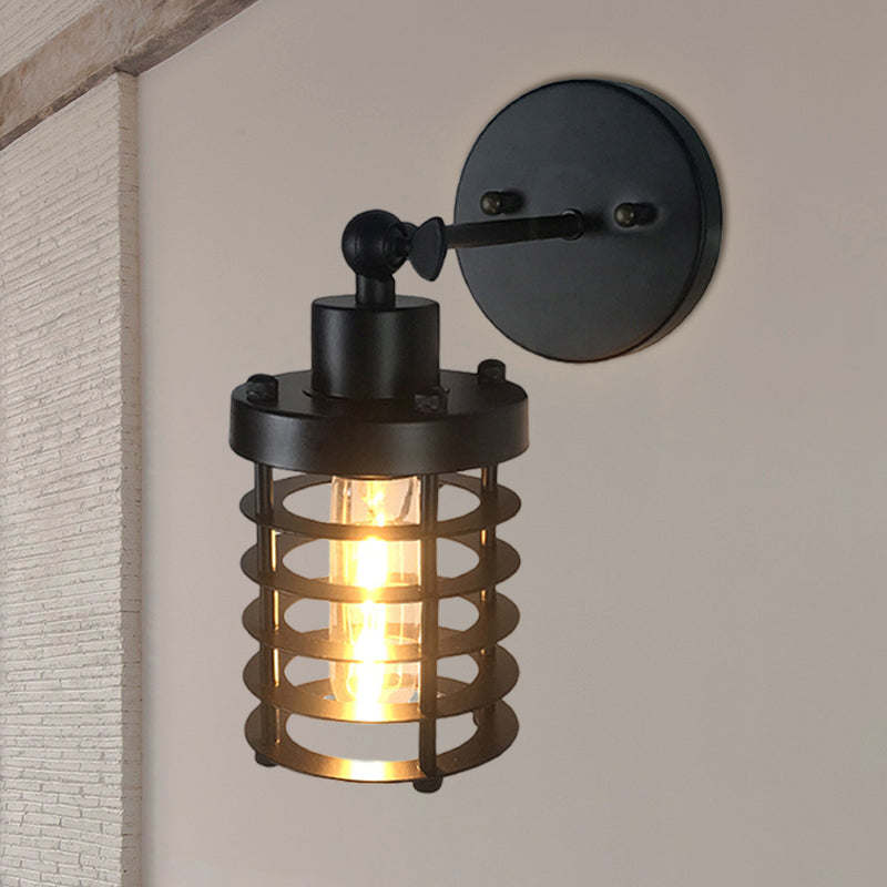 Retro Style Cylinder/Oval Caged Wall Mount Light 1 Head Metallic Mini Wall Lighting in Black for Bedside Black Cylinder Clearhalo 'Art deco wall lights' 'Cast Iron' 'Glass' 'Industrial wall lights' 'Industrial' 'Middle century wall lights' 'Modern' 'Rustic wall lights' 'Tiffany' 'Traditional wall lights' 'Wall Lamps & Sconces' 'Wall Lights' Lighting' 768775