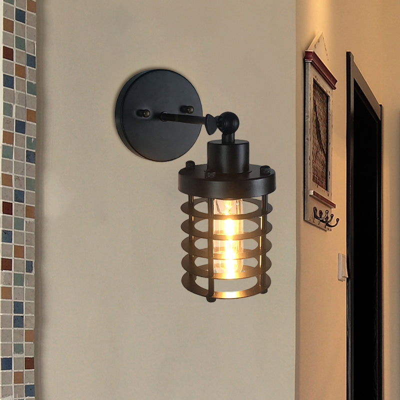 Retro Style Cylinder/Oval Caged Wall Mount Light 1 Head Metallic Mini Wall Lighting in Black for Bedside Clearhalo 'Art deco wall lights' 'Cast Iron' 'Glass' 'Industrial wall lights' 'Industrial' 'Middle century wall lights' 'Modern' 'Rustic wall lights' 'Tiffany' 'Traditional wall lights' 'Wall Lamps & Sconces' 'Wall Lights' Lighting' 768776