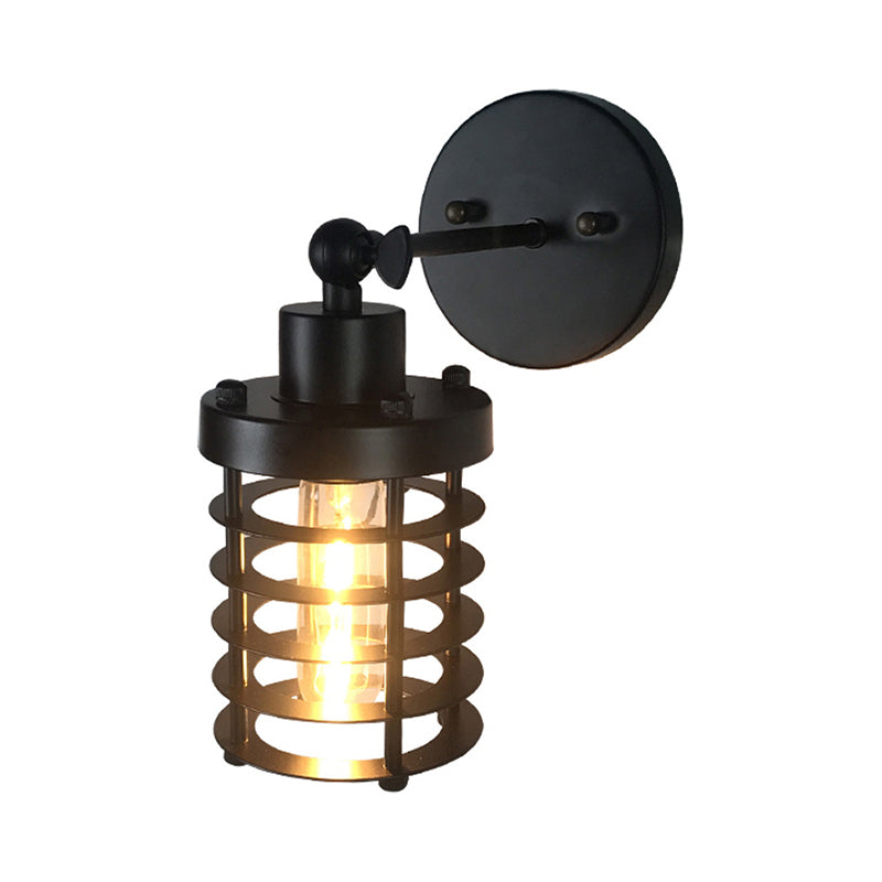 Retro Style Cylinder/Oval Caged Wall Mount Light 1 Head Metallic Mini Wall Lighting in Black for Bedside Clearhalo 'Art deco wall lights' 'Cast Iron' 'Glass' 'Industrial wall lights' 'Industrial' 'Middle century wall lights' 'Modern' 'Rustic wall lights' 'Tiffany' 'Traditional wall lights' 'Wall Lamps & Sconces' 'Wall Lights' Lighting' 768778