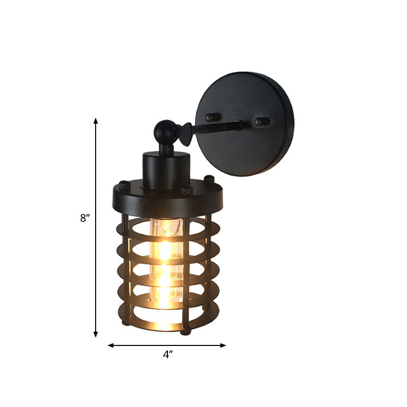 Retro Style Cylinder/Oval Caged Wall Mount Light 1 Head Metallic Mini Wall Lighting in Black for Bedside Clearhalo 'Art deco wall lights' 'Cast Iron' 'Glass' 'Industrial wall lights' 'Industrial' 'Middle century wall lights' 'Modern' 'Rustic wall lights' 'Tiffany' 'Traditional wall lights' 'Wall Lamps & Sconces' 'Wall Lights' Lighting' 768779