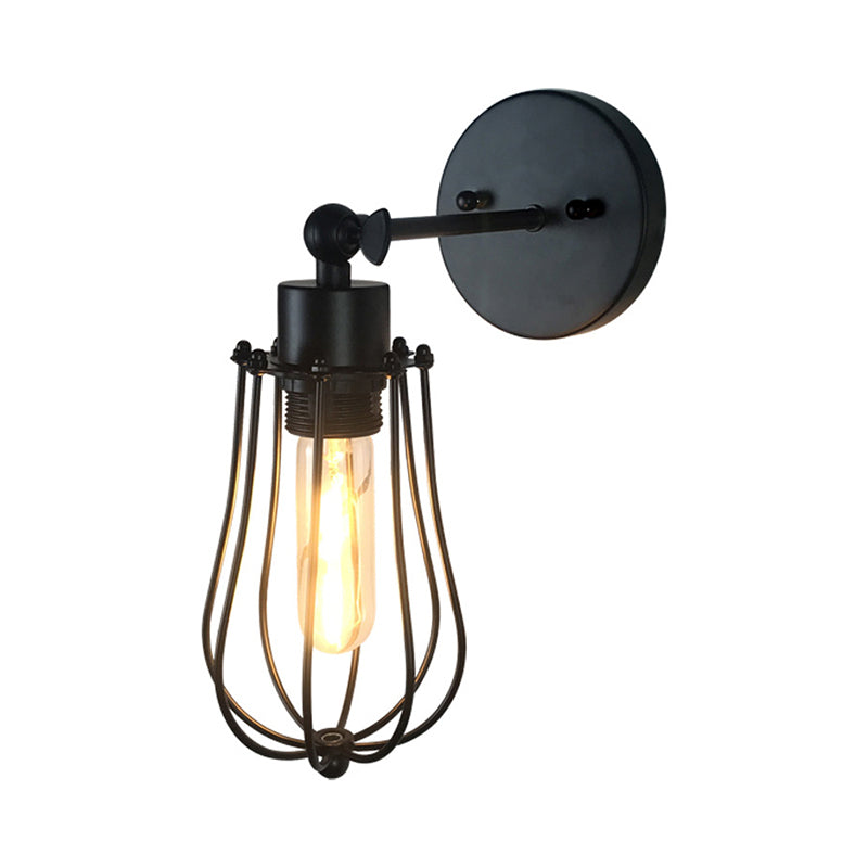 Retro Style Cylinder/Oval Caged Wall Mount Light 1 Head Metallic Mini Wall Lighting in Black for Bedside Clearhalo 'Art deco wall lights' 'Cast Iron' 'Glass' 'Industrial wall lights' 'Industrial' 'Middle century wall lights' 'Modern' 'Rustic wall lights' 'Tiffany' 'Traditional wall lights' 'Wall Lamps & Sconces' 'Wall Lights' Lighting' 768783