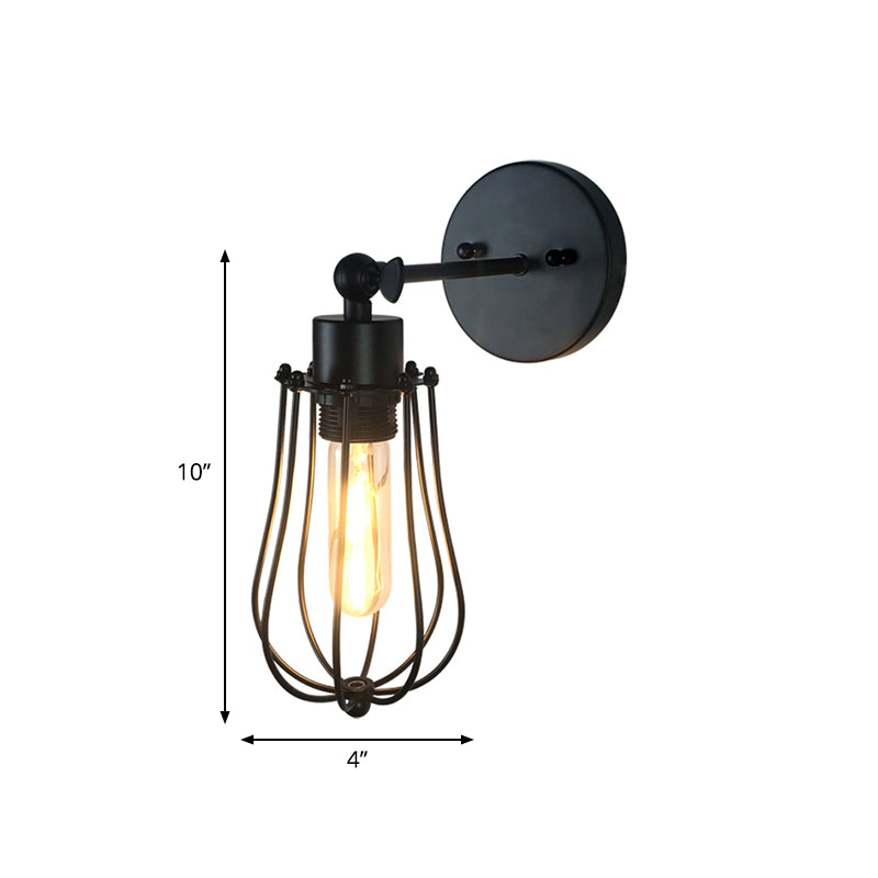 Retro Style Cylinder/Oval Caged Wall Mount Light 1 Head Metallic Mini Wall Lighting in Black for Bedside Clearhalo 'Art deco wall lights' 'Cast Iron' 'Glass' 'Industrial wall lights' 'Industrial' 'Middle century wall lights' 'Modern' 'Rustic wall lights' 'Tiffany' 'Traditional wall lights' 'Wall Lamps & Sconces' 'Wall Lights' Lighting' 768784