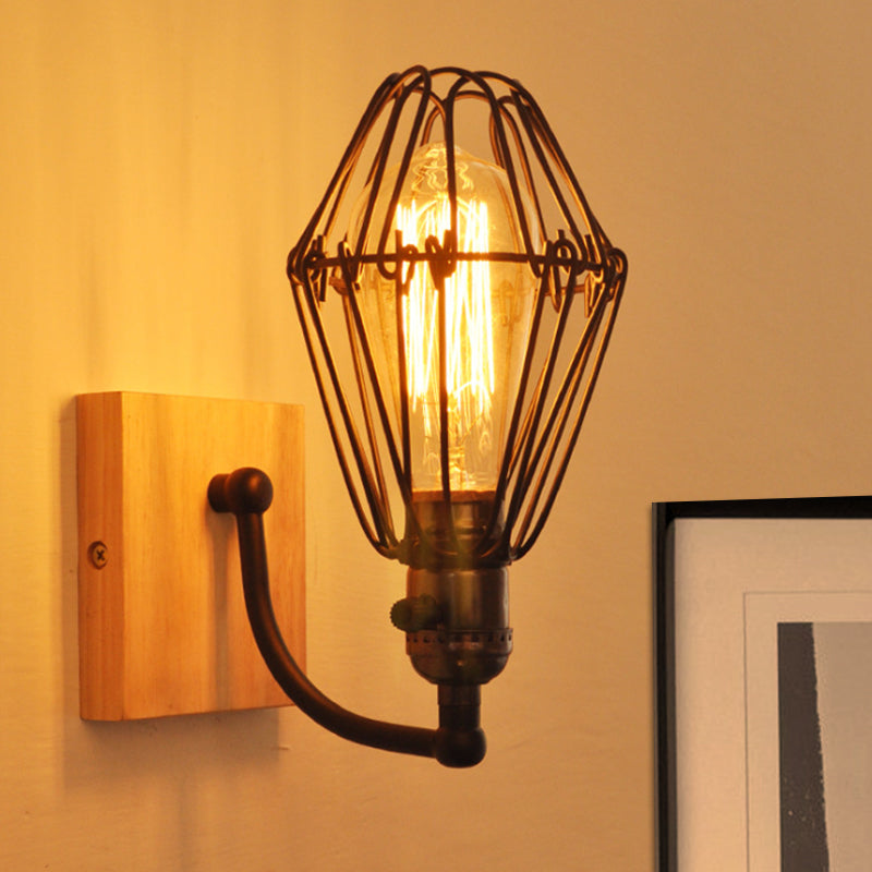 1 Bulb Wall Lighting Antique Style Caged Wrought Iron Wall Lamp with Wooden Backplate in Black Black Clearhalo 'Art deco wall lights' 'Cast Iron' 'Glass' 'Industrial wall lights' 'Industrial' 'Middle century wall lights' 'Modern' 'Rustic wall lights' 'Tiffany' 'Traditional wall lights' 'Wall Lamps & Sconces' 'Wall Lights' Lighting' 768794