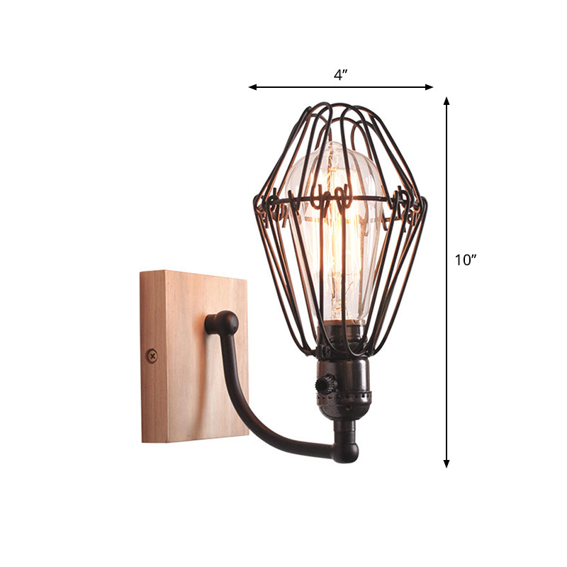 1 Bulb Wall Lighting Antique Style Caged Wrought Iron Wall Lamp with Wooden Backplate in Black Clearhalo 'Art deco wall lights' 'Cast Iron' 'Glass' 'Industrial wall lights' 'Industrial' 'Middle century wall lights' 'Modern' 'Rustic wall lights' 'Tiffany' 'Traditional wall lights' 'Wall Lamps & Sconces' 'Wall Lights' Lighting' 768798
