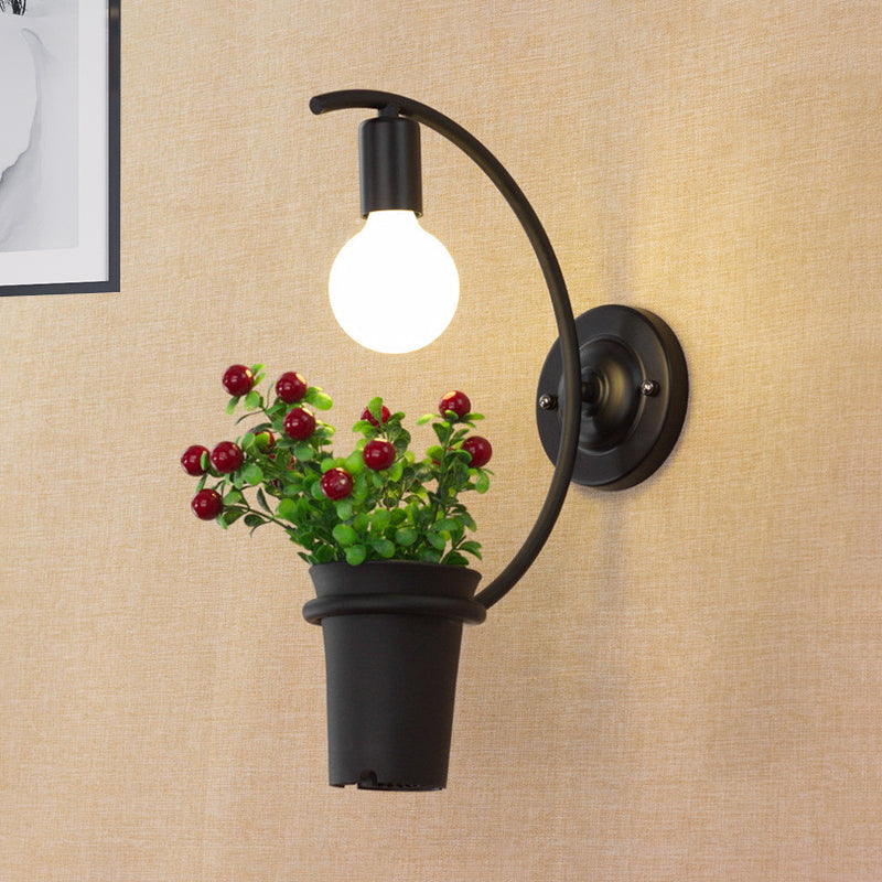 Exposed Bulb Metal Wall Sconce with Pot Decoration Lodge Style 1 Light Restaurant Wall Lighting in Black, 3"/4" W Black 4" Clearhalo 'Art deco wall lights' 'Cast Iron' 'Glass' 'Industrial wall lights' 'Industrial' 'Middle century wall lights' 'Modern' 'Rustic wall lights' 'Tiffany' 'Traditional wall lights' 'Wall Lamps & Sconces' 'Wall Lights' Lighting' 768804