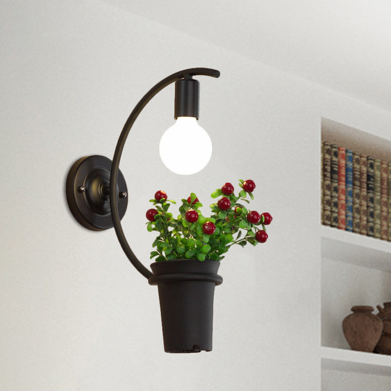 Exposed Bulb Metal Wall Sconce with Pot Decoration Lodge Style 1 Light Restaurant Wall Lighting in Black, 3"/4" W Clearhalo 'Art deco wall lights' 'Cast Iron' 'Glass' 'Industrial wall lights' 'Industrial' 'Middle century wall lights' 'Modern' 'Rustic wall lights' 'Tiffany' 'Traditional wall lights' 'Wall Lamps & Sconces' 'Wall Lights' Lighting' 768806