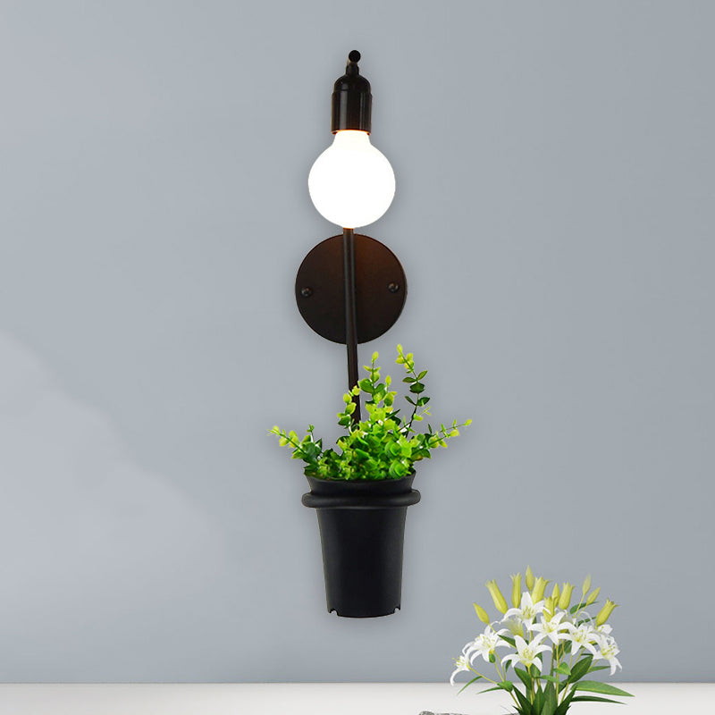 Exposed Bulb Metal Wall Sconce with Pot Decoration Lodge Style 1 Light Restaurant Wall Lighting in Black, 3"/4" W Clearhalo 'Art deco wall lights' 'Cast Iron' 'Glass' 'Industrial wall lights' 'Industrial' 'Middle century wall lights' 'Modern' 'Rustic wall lights' 'Tiffany' 'Traditional wall lights' 'Wall Lamps & Sconces' 'Wall Lights' Lighting' 768811