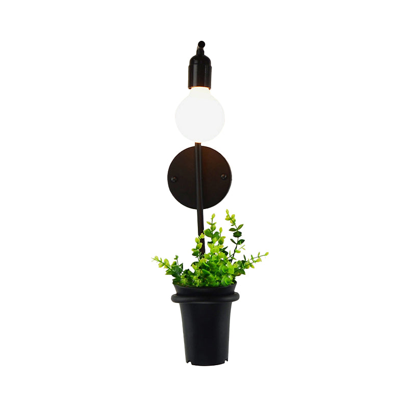 Exposed Bulb Metal Wall Sconce with Pot Decoration Lodge Style 1 Light Restaurant Wall Lighting in Black, 3"/4" W Clearhalo 'Art deco wall lights' 'Cast Iron' 'Glass' 'Industrial wall lights' 'Industrial' 'Middle century wall lights' 'Modern' 'Rustic wall lights' 'Tiffany' 'Traditional wall lights' 'Wall Lamps & Sconces' 'Wall Lights' Lighting' 768812