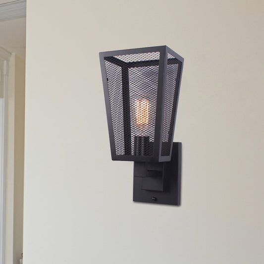 1 Bulb Wire Mesh Wall Light Sconce Industrial Style Black Finish Metal Wall Lamp for Stairway Clearhalo 'Art deco wall lights' 'Cast Iron' 'Glass' 'Industrial wall lights' 'Industrial' 'Middle century wall lights' 'Modern' 'Rustic wall lights' 'Tiffany' 'Traditional wall lights' 'Wall Lamps & Sconces' 'Wall Lights' Lighting' 768830
