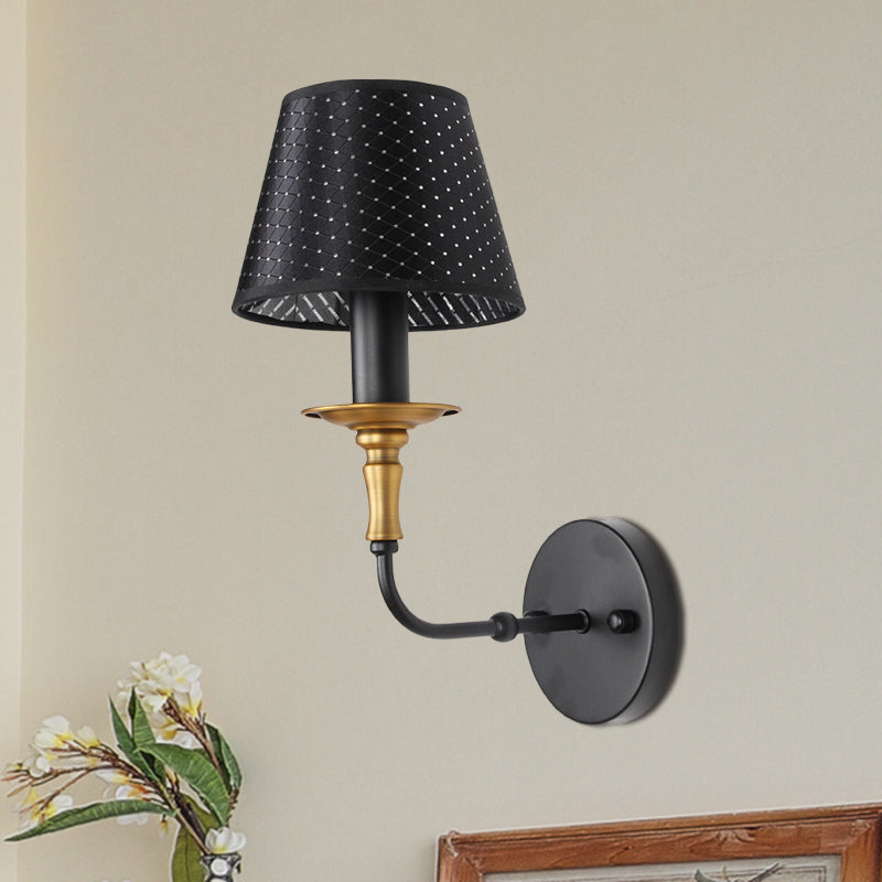 1 Head Tapered Wall Lamp with Hollow Design Industrial Style Black Fabric Sconce Lighting for Corridor Black Clearhalo 'Art deco wall lights' 'Cast Iron' 'Glass' 'Industrial wall lights' 'Industrial' 'Middle century wall lights' 'Modern' 'Rustic wall lights' 'Tiffany' 'Traditional wall lights' 'Wall Lamps & Sconces' 'Wall Lights' Lighting' 768834